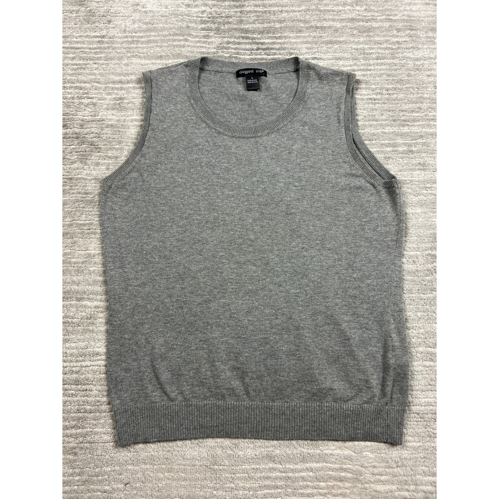 August Silk Knit Top Womens Large Gray Sleeveless Crew Neck Ribbed Hem Essential